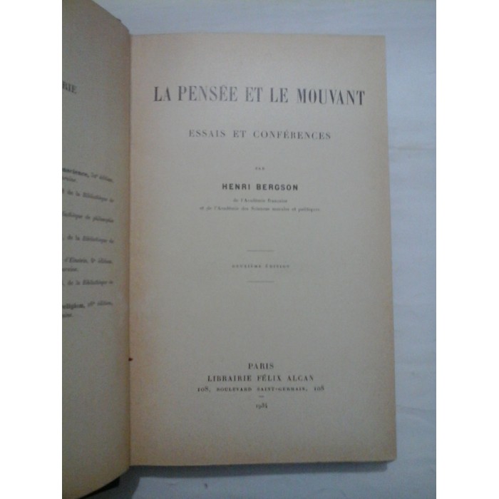 LA PENSEE ET LE MOUVANT - HENRI BERGSON LA PENSEE ET LE MOUVANT - HENRI BERGSON